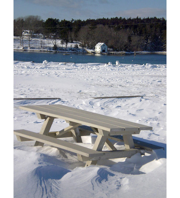 A chilly but beautiful picnic spot on Pemaquid Harbor.