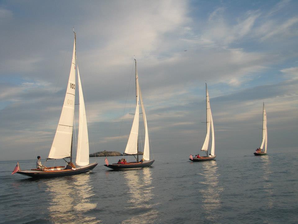 Even with practically no breeze, the Marblehead High School Sailing Team had a spirited race. Photo by Dave Kinney.