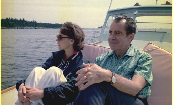 President Nixon and his daughter cruising around Minot Island, Maine