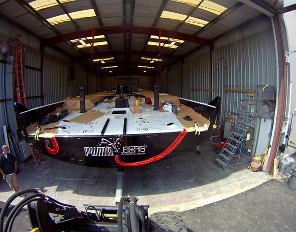 VOR 70, Team PUMA's Mar Mostro rolling out of the shed at New England Boatworks. Photo courtesy PUMA Racing
