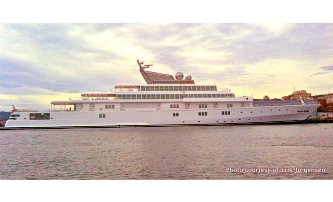 RISING SUN, a 453-foot megayacht tied up at the Maine State Pier in Portland.