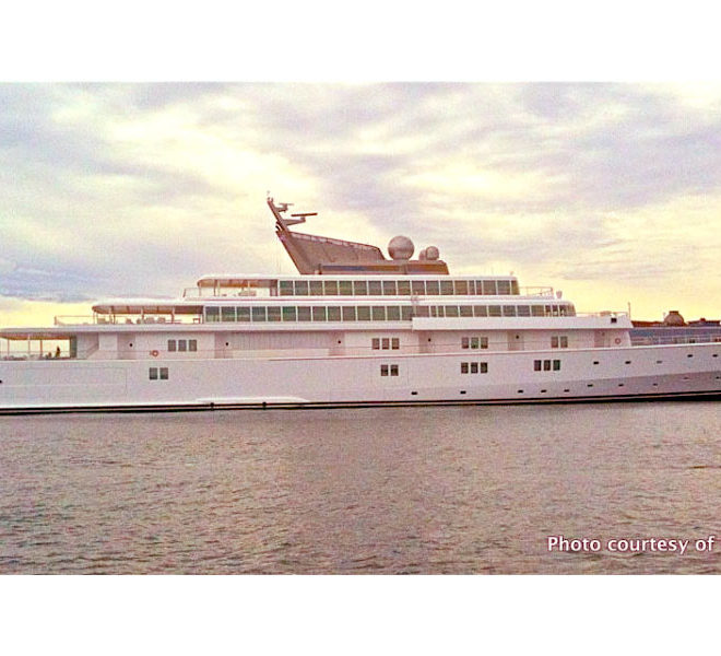 RISING SUN, a 453-foot megayacht tied up at the Maine State Pier in Portland.