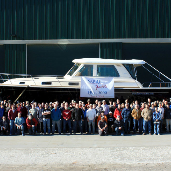 The Sabre Yachts crew celebrates the shipping of the 3000th hull.