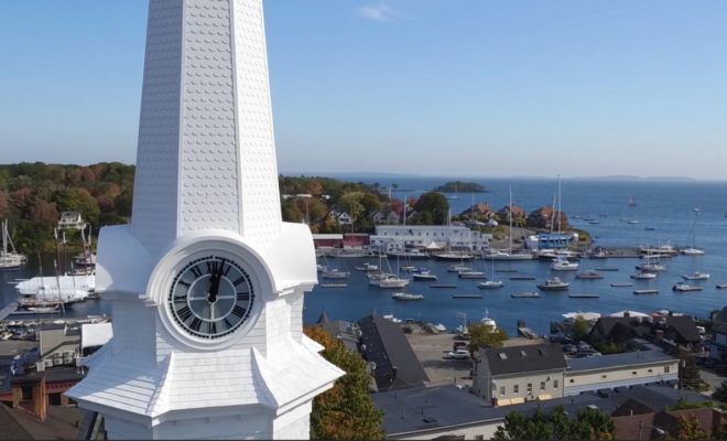 The new steeple overlooking Camden harbor