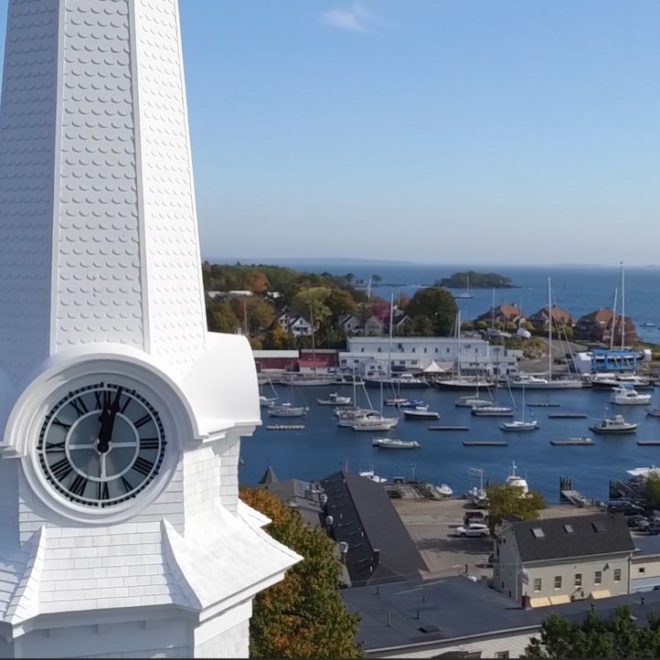The new steeple overlooking Camden harbor