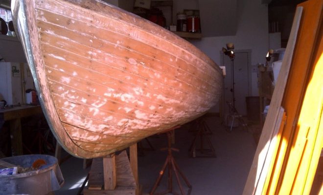 A 26-foot Monomoy Surfboat undergoing restoration for the Nantucket Shipwreck and Life-Saving Museum.
