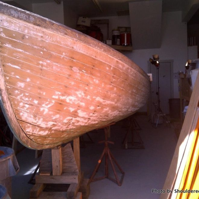 A 26-foot Monomoy Surfboat undergoing restoration for the Nantucket Shipwreck and Life-Saving Museum.