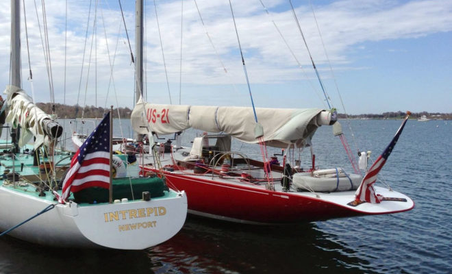 INTREPID and AMERICAN EAGLE rafted up at the dock in Newport, ready for more charters and more racing!