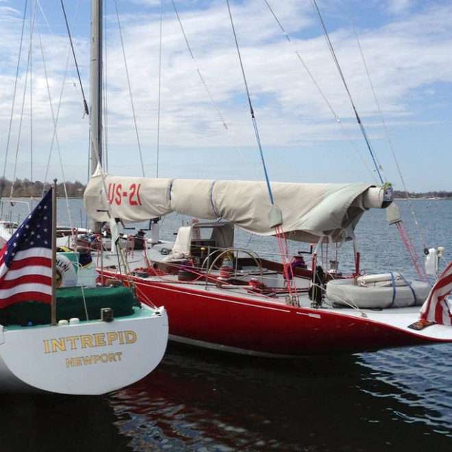 INTREPID and AMERICAN EAGLE rafted up at the dock in Newport, ready for more charters and more racing!