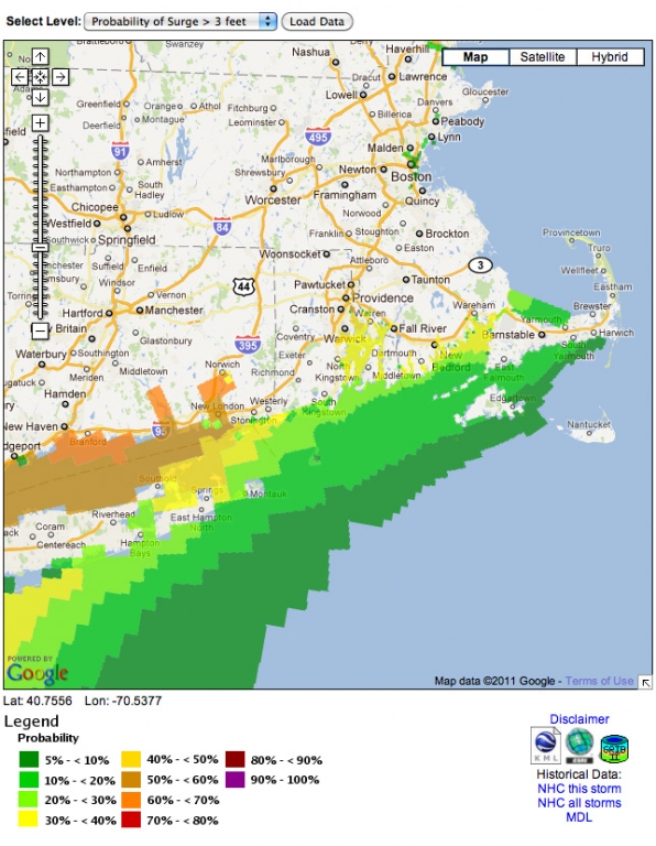 NOAA Storm Surge prediction of 3ft or more for the Southern New England coast