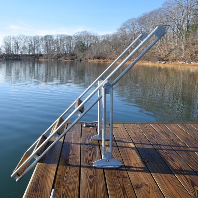 Falls Point Marine's new swim ladder design is easy to stow with just one hand.