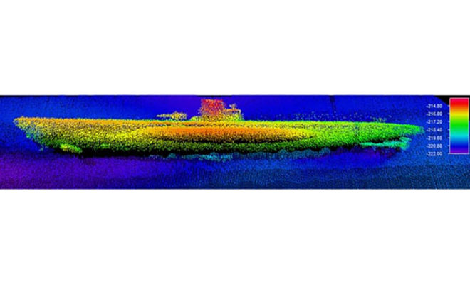 Sonar image of the German submarine U-576. (Credit: NOAA & SRI International)