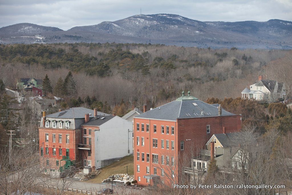 A unique perspective on Union Hall and the Shepherd Block in Rockport, with Ragged Mountain in the background.