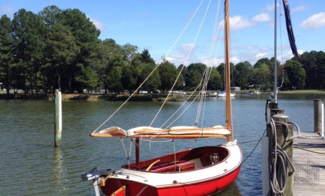 An Arey's Pond Boat Yard catboat rests at the dock in Easton, Maryland.