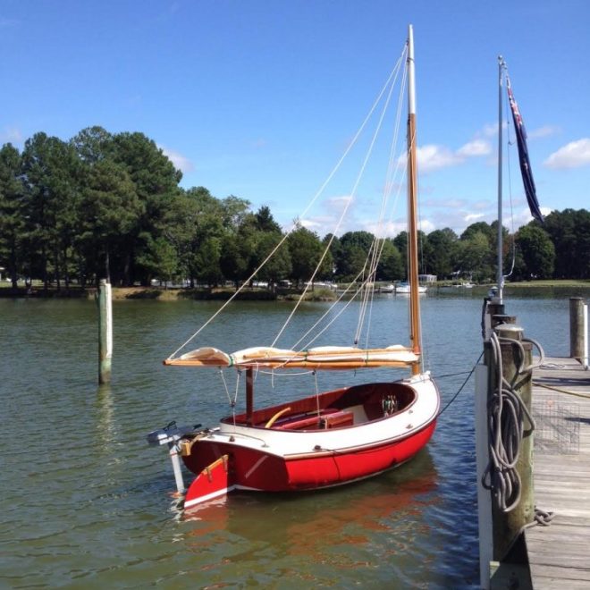 An Arey's Pond Boat Yard catboat rests at the dock in Easton, Maryland.