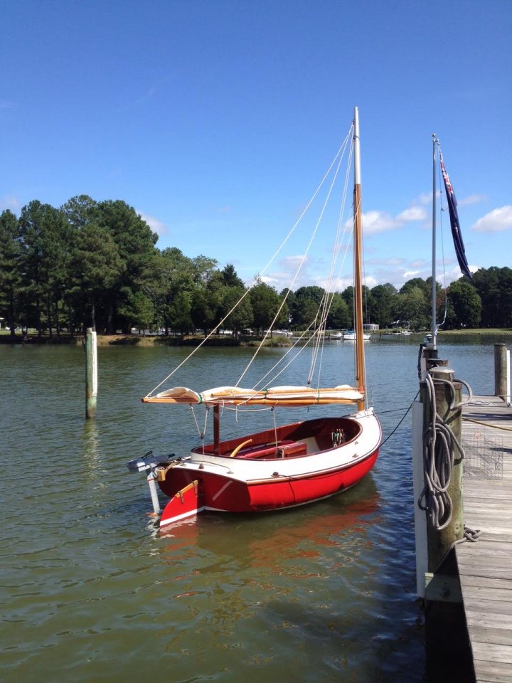 An Arey's Pond Boat Yard catboat rests at the dock in Easton, Maryland.