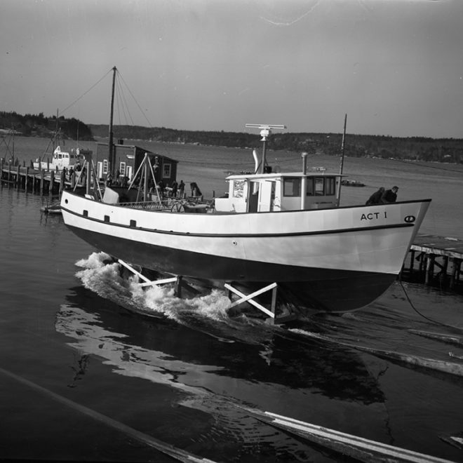 The ACT I gliding down the ways, February 1974.
