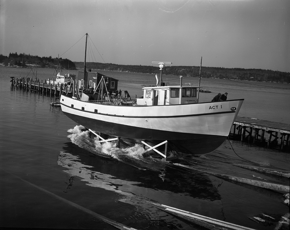 The ACT I gliding down the ways, February 1974.