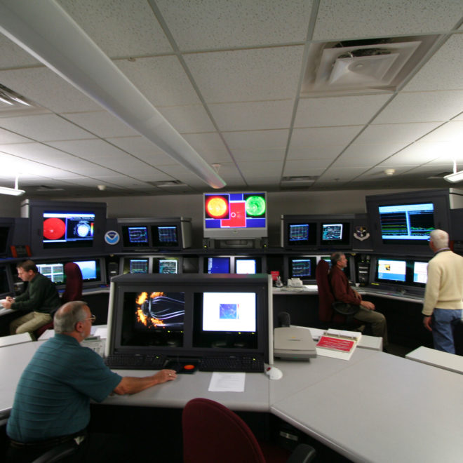 Inside the NOAA Space Weather Prediction Center in Boulder, Colorado.