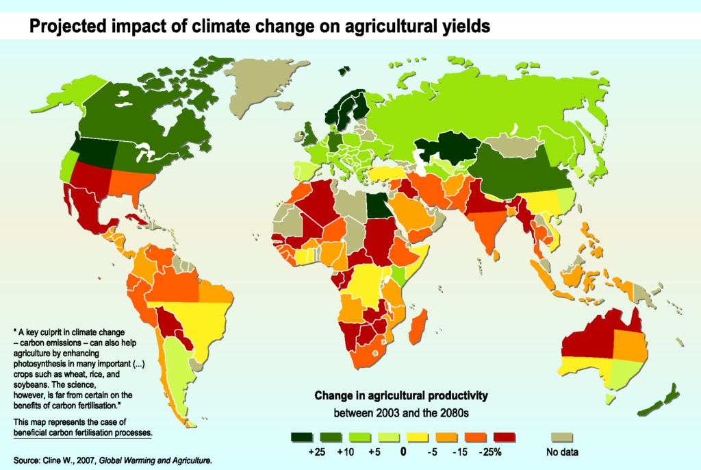 Projected impact of climate change on agricultural yields by the 2080s.