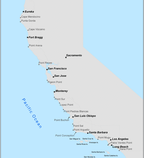 California Ocean Sport Fishing Regulations Map.
