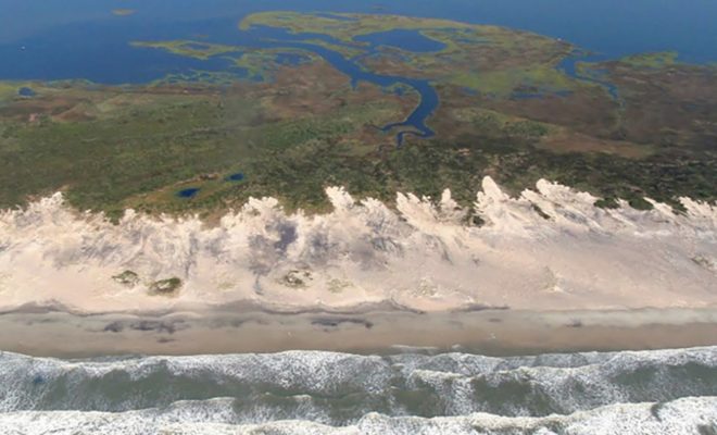 Overwash of Cape Lookout National Seashore by large storm waves, North Carolina.