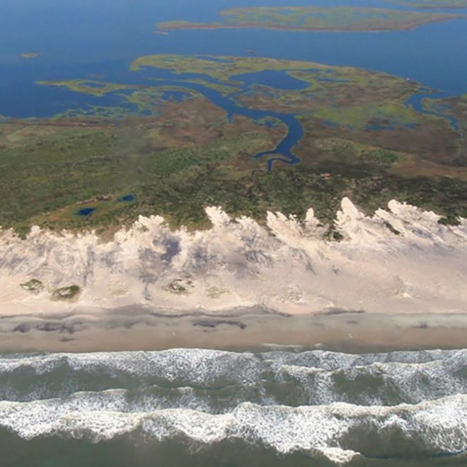Overwash of Cape Lookout National Seashore by large storm waves, North Carolina.