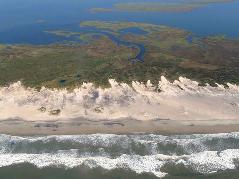 Overwash of Cape Lookout National Seashore by large storm waves, North Carolina.