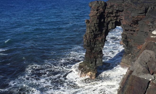 Hōlei Sea Arch formed by wave action and coastal erosion in Hawai'I Volcanoes National Park, Hawaii. Photo courtesy of NPS.gov