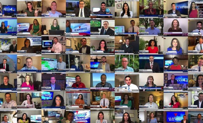 A compilation of NBC and Telemundo meteorologists working remotely from home. (Credit: NBC Universal)