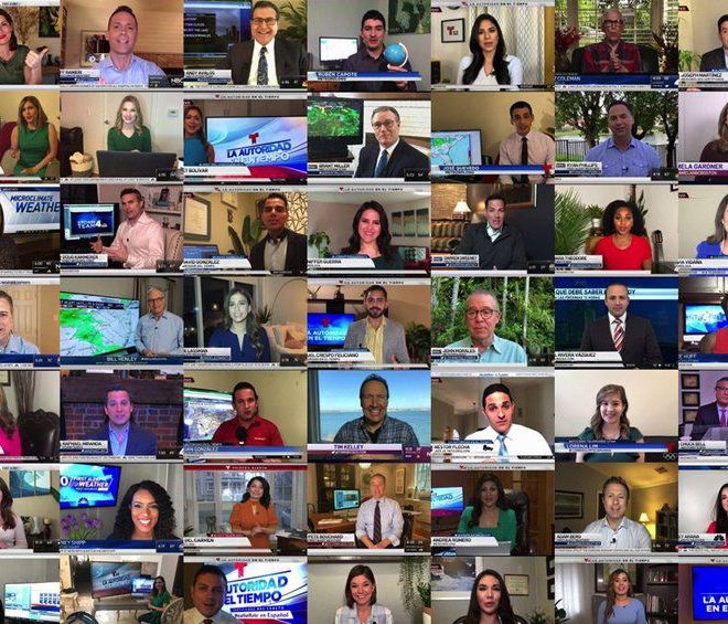 A compilation of NBC and Telemundo meteorologists working remotely from home. (Credit: NBC Universal)