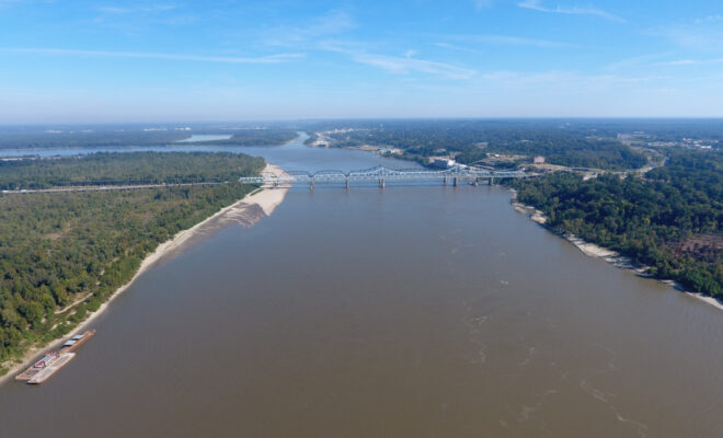 An aerial drone photo of the Mississippi River near Vicksburg, MS, looking Northeast at the I-20 bridge, the confluence of the Yazoo River is in the foreground. This picture was taken by a drone flown by Jim Alvis and Mike Manning of the USGS in the fall of 2016. (Jim Alvis and Mike Manning/USGS) Photo by NOAA.