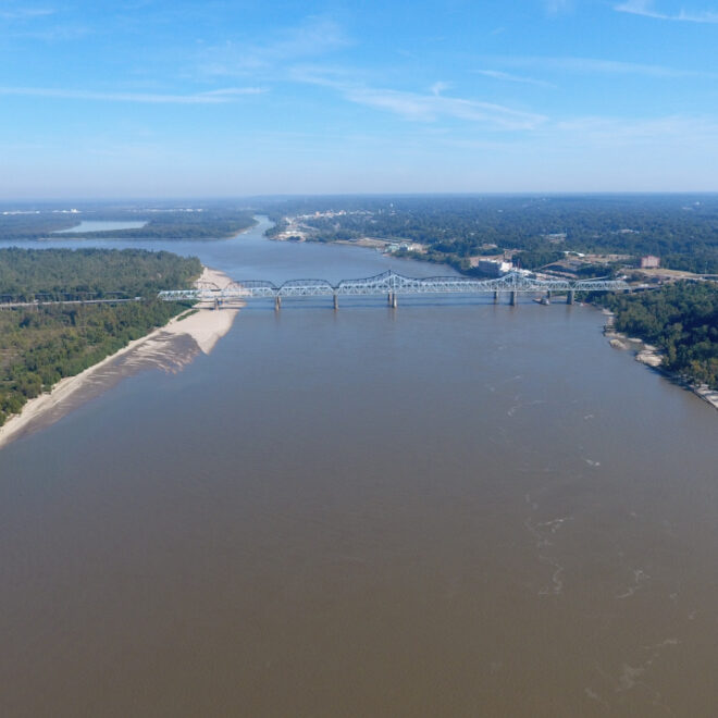 An aerial drone photo of the Mississippi River near Vicksburg, MS, looking Northeast at the I-20 bridge, the confluence of the Yazoo River is in the foreground. This picture was taken by a drone flown by Jim Alvis and Mike Manning of the USGS in the fall of 2016. (Jim Alvis and Mike Manning/USGS) Photo by NOAA.