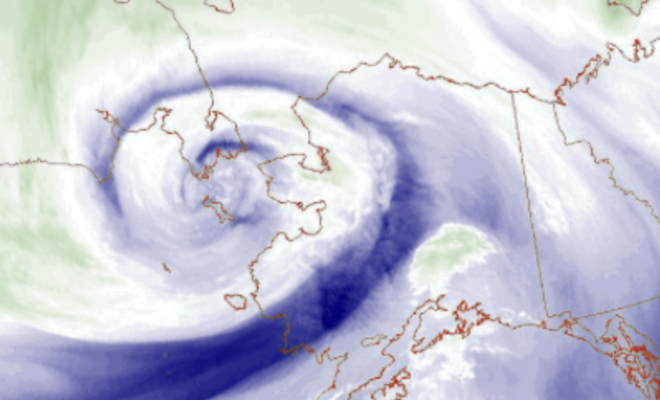 Alaska - Ex-typhoon Merbok centered near the Bering Strait on Sep. 17. Water vapour satellite imagery (NOAA)