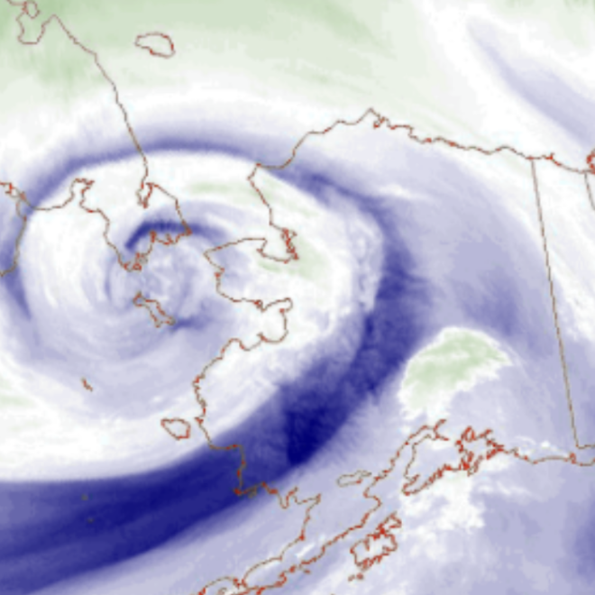 Alaska - Ex-typhoon Merbok centered near the Bering Strait on Sep. 17. Water vapour satellite imagery (NOAA)