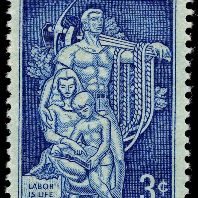 Bureau of Engraving and Printing. Designed by Victor S. McCloskey, Jr., using as source material a photograph of a portion of the mural by Lumen M. Winter located in the AFL-CIO building in Washington, DC., Public domain, via Wikimedia Commons