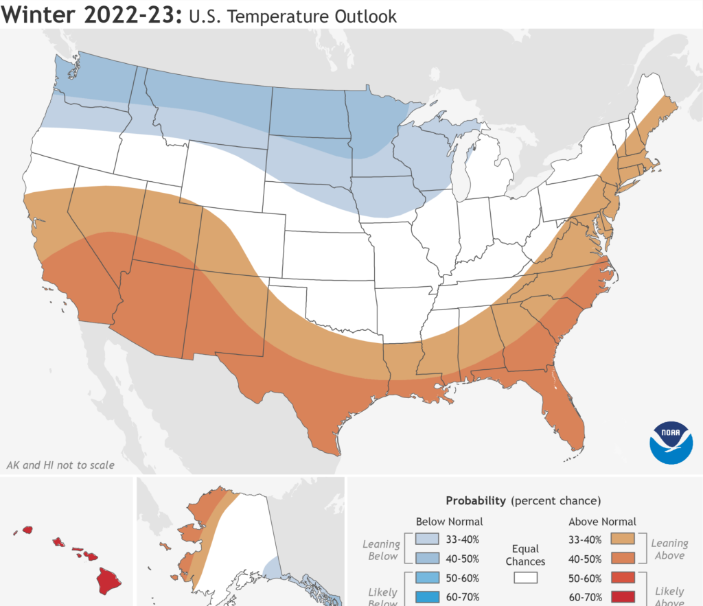 NOAA's U.S. Winter Outlook 2022-2023 map