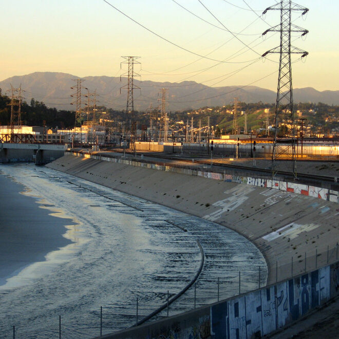 Los Angeles River through downtown evening , via Wikimedia Commons