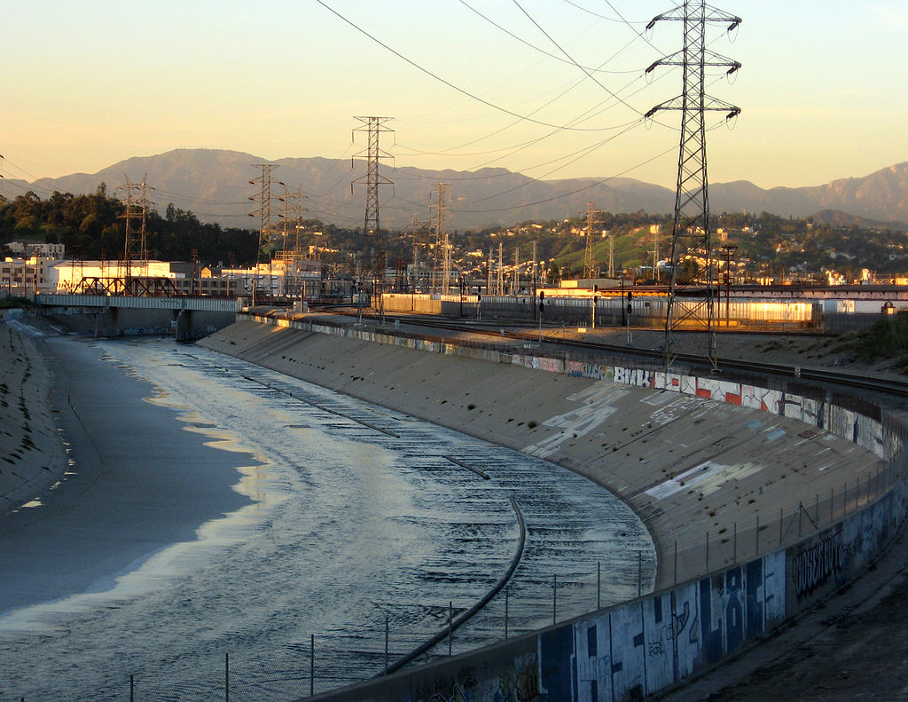 Los Angeles River through downtown evening , via Wikimedia Commons