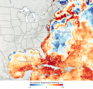 Hurricane, The map above shows sea surface temperature anomalies on July 14, 2020 indicating how much the water was above or below the long-term average (2003-2014) temperature on that same day. Credits: NASA's Earth Observatory