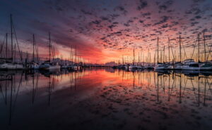 landscape, yacht, sunrise, clouds, reflection, sea, water