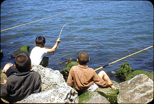 TedQuackenbush, CC BY-SA 3.0 <https://creativecommons.org/licenses/by-sa/3.0>, Ashiya-machi,_Onga-gun,_Fukuoka_Prefecture_-Boys_Fishing_-1955 via Wikimedia Commons