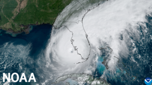 NOAA GOES satellite captures Hurricane Ian as it made landfall on the barrier island of Cayo Costa in southwest Florida on September 28, 2022. 