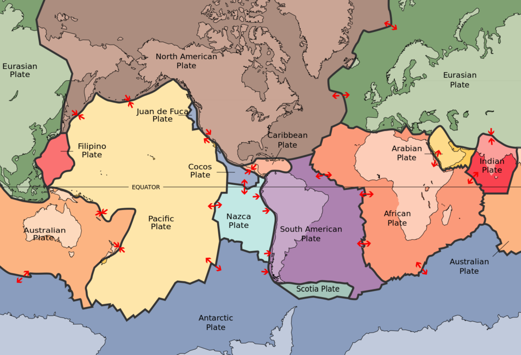 Map of the largest Tectonic plates by WikkiCommons