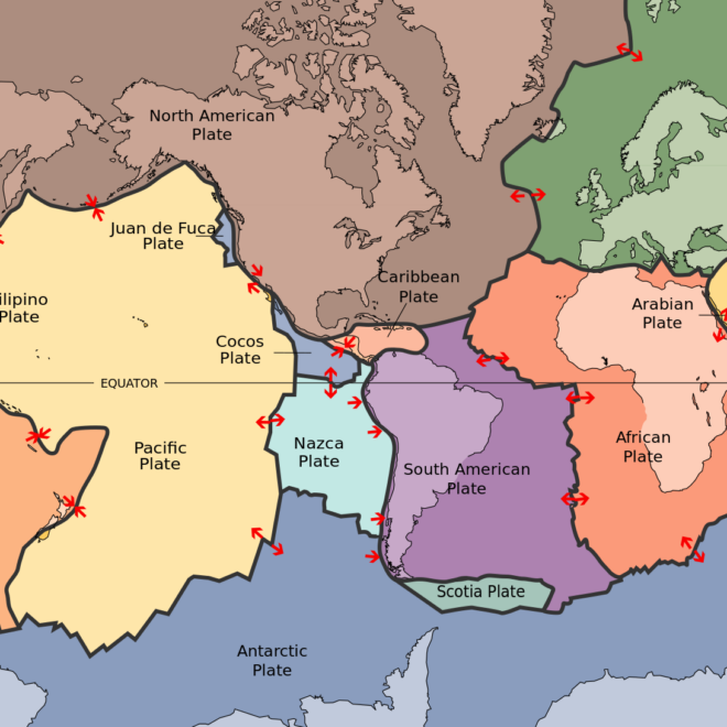 Map of the largest Tectonic plates by WikkiCommons