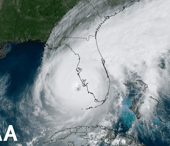 NOAA GOES satellite captures Hurricane Ian as it made landfall on the barrier island of Cayo Costa in southwest Florida on September 28, 2022.