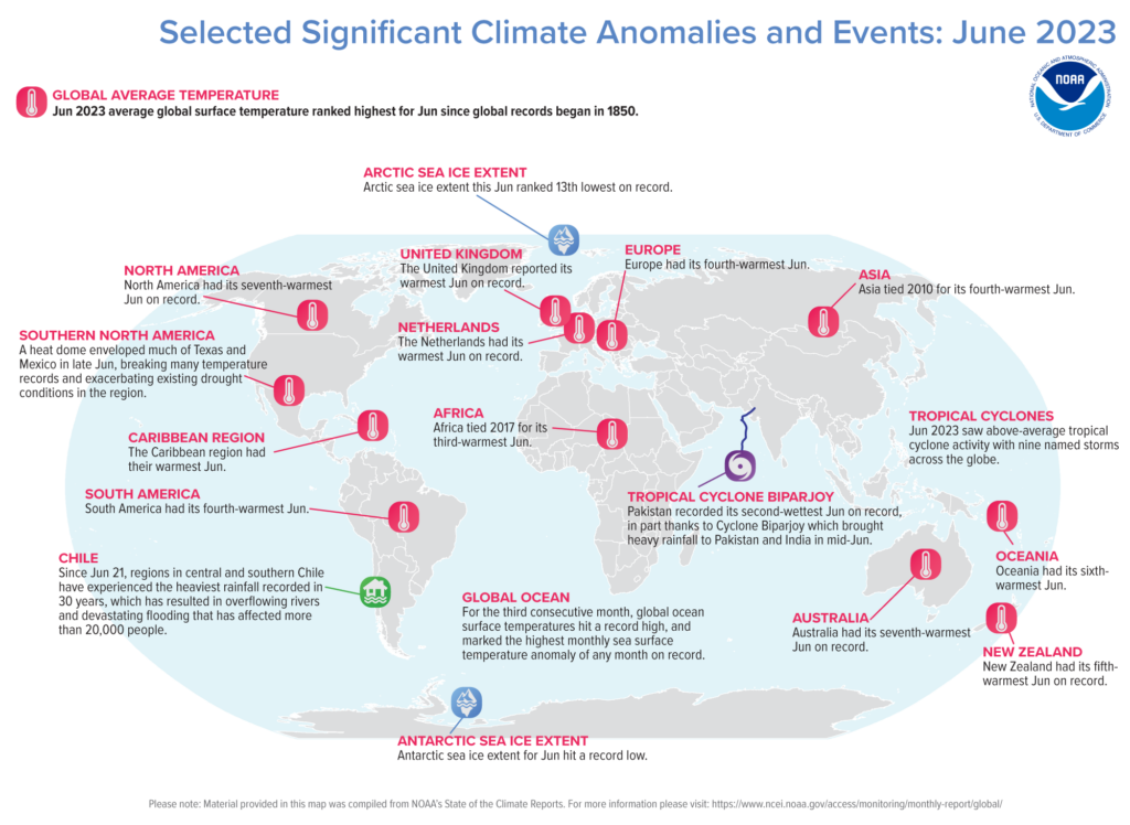 A map of the world plotted with some of the most significant climate events that occurred during June 2023. Please see the story below as well as more details in the report summary from NOAA NCEI at http://bit.ly/Global202306offsite link. (Image credit: NOAA/NCEI)