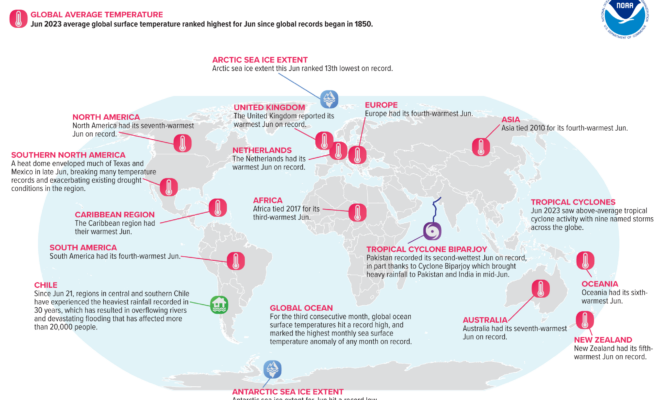 A map of the world plotted with some of the most significant climate events that occurred during June 2023. Please see the story below as well as more details in the report summary from NOAA NCEI at http://bit.ly/Global202306offsite link. (Image credit: NOAA/NCEI)