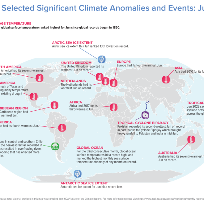 A map of the world plotted with some of the most significant climate events that occurred during June 2023. Please see the story below as well as more details in the report summary from NOAA NCEI at http://bit.ly/Global202306offsite link. (Image credit: NOAA/NCEI)