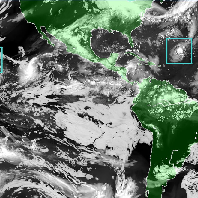 The Hurricane Analysis and Forecast System (HAFS) “moving nest" Model. Global map showcasing land mass in green and water in black, clouds in white and tropical storms outlined in a green boxes representing the moving nest model. (Image credit: NOAA)